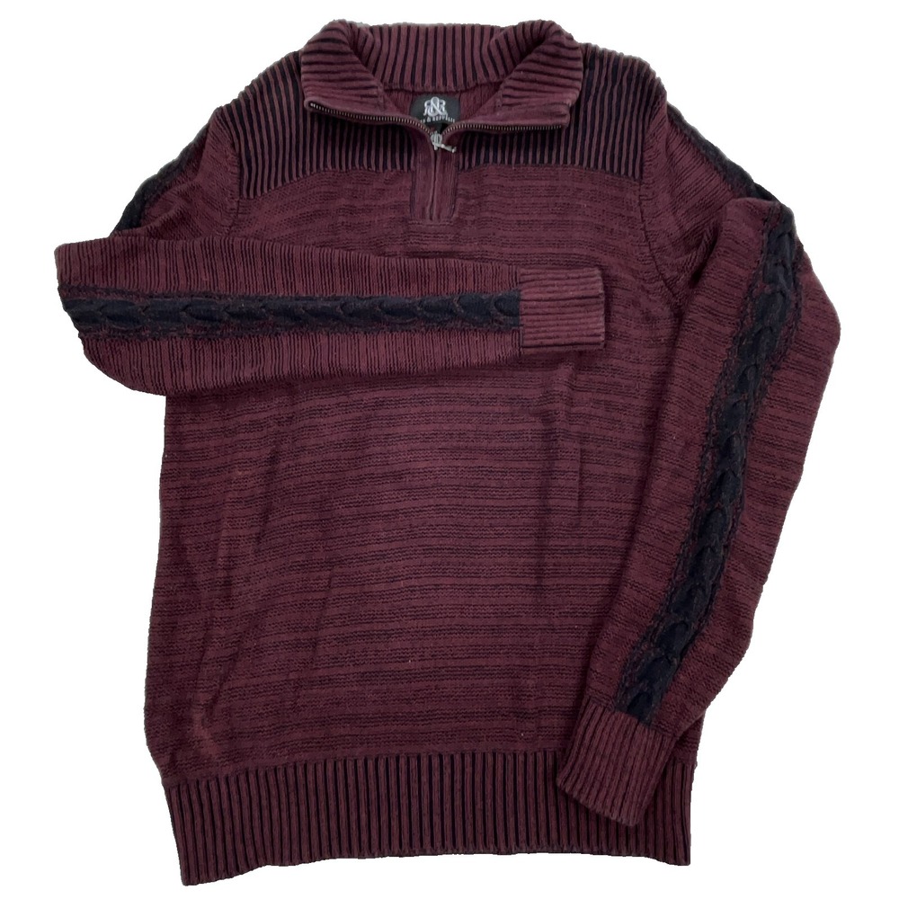 Rock Republic Sweater Men Medium Maroon Black Knit Sweatshirt Quarter‎ Zip Punk